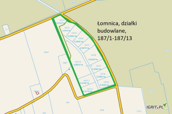 Na sprzedaż 12 działek budowlanych o powierzchniach od ok. 0,3000 ha do 0,8900 ha w miejscowości Łomnica.