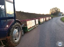 Ciągnik z czterema wózkami sadowniczymi na drodze